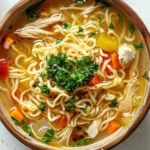 A warm bowl of homemade Chicken Noodle Soup filled with tender chicken, vegetables, and egg noodles in a flavorful broth.