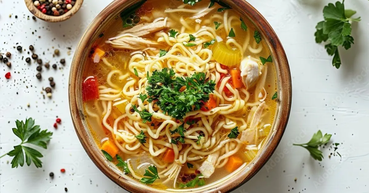 A warm bowl of homemade Chicken Noodle Soup filled with tender chicken, vegetables, and egg noodles in a flavorful broth.