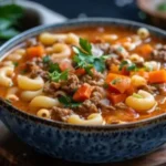 A comforting bowl of Beef and Macaroni Soup with tender beef, pasta, and vegetables in a savory broth.