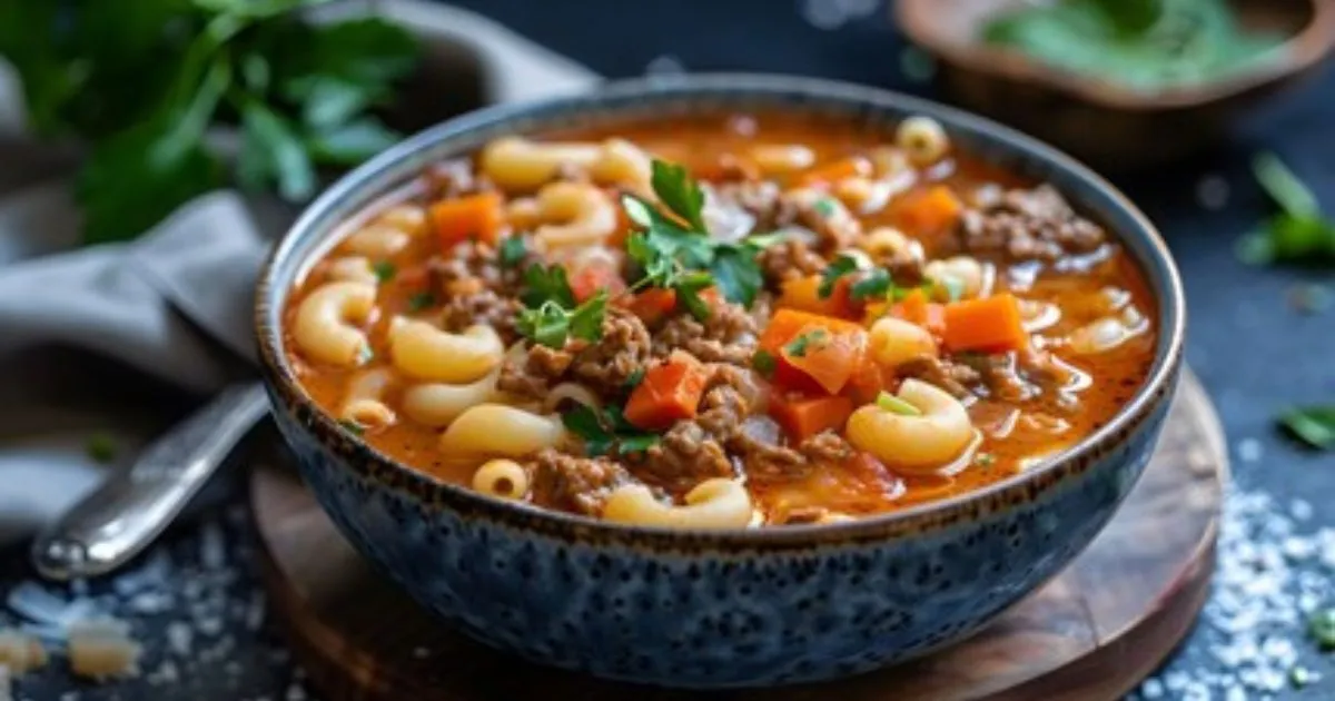 A comforting bowl of Beef and Macaroni Soup with tender beef, pasta, and vegetables in a savory broth.