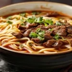 Plate of Beef Noodle Recipe with tender strips of beef, sautéed vegetables, and flavorful sauce, garnished with green onions