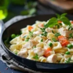 A delicious bowl of Chicken Pot Pie Pasta with creamy sauce, chicken, vegetables, and pasta.