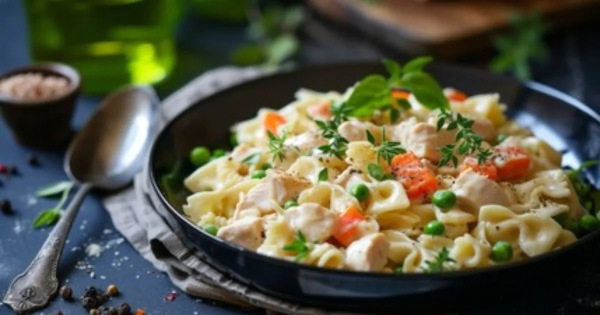 A delicious bowl of Chicken Pot Pie Pasta with creamy sauce, chicken, vegetables, and pasta.