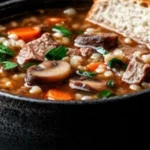 A hearty bowl of Beef Barley Soup with tender beef, vegetables, and barley in a rich broth