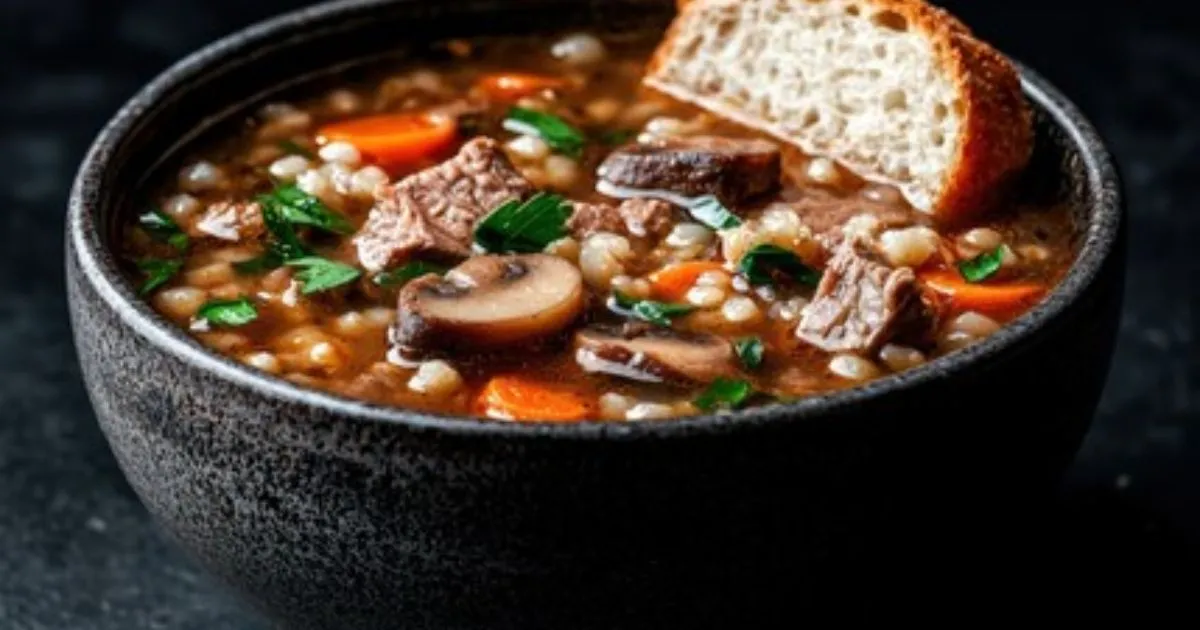 A hearty bowl of Beef Barley Soup with tender beef, vegetables, and barley in a rich broth