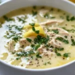 A bowl of Lemon Chicken Soup garnished with fresh herbs and a slice of lemon on the side.