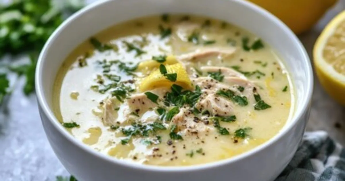 A bowl of Lemon Chicken Soup garnished with fresh herbs and a slice of lemon on the side.