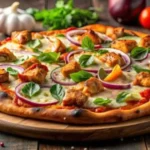 Chicken Crust Pizza Recipe topped with mozzarella cheese and fresh ingredients.