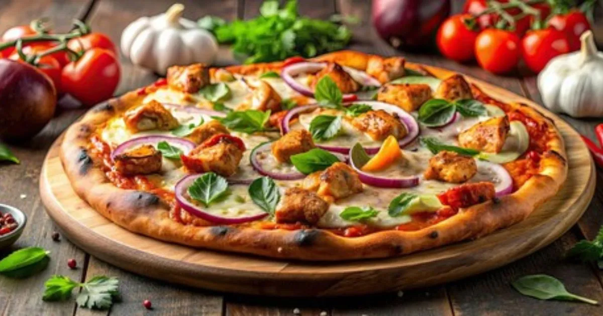 Chicken Crust Pizza Recipe topped with mozzarella cheese and fresh ingredients.