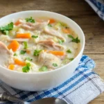 A warm bowl of Chicken and Rice Soup, with tender chicken pieces, cooked rice, and vegetables in a rich, flavorful broth.