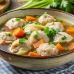 A bowl of Chicken and Dumplings Soup, featuring tender chicken, vegetables, and fluffy dumplings in a rich, flavorful broth.