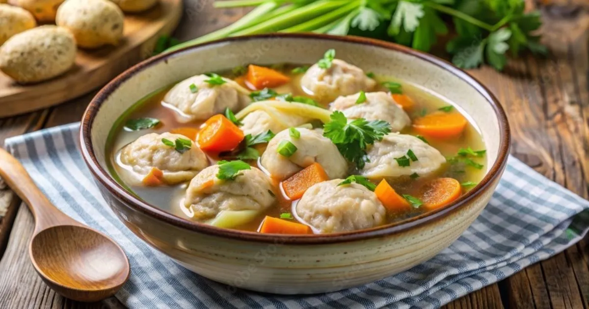 A bowl of Chicken and Dumplings Soup, featuring tender chicken, vegetables, and fluffy dumplings in a rich, flavorful broth.