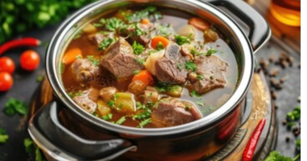 Hearty Vegetable Beef Soupwith tender beef, carrots, potatoes, and vegetables in a rich broth.