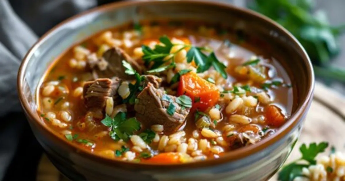 Hearty Beef and Barley Soup with tender beef, vegetables, and barley in a rich, savory broth.