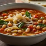 Creamy Chicken Parmesan Soup with melted mozzarella and Parmesan cheese, served in a bowl.