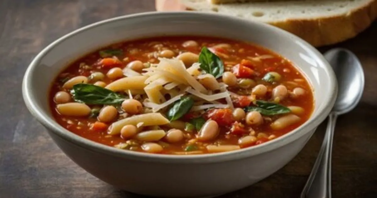 Creamy Chicken Parmesan Soup with melted mozzarella and Parmesan cheese, served in a bowl.