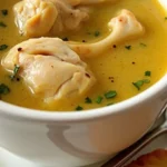 A bowl of steaming : Roasted Chicken Soup with vegetables and herbs.