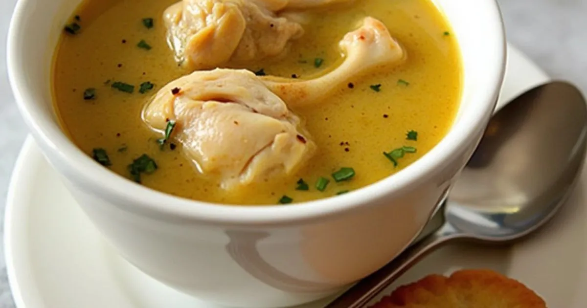 A bowl of steaming : Roasted Chicken Soup with vegetables and herbs.