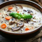 Creamy Mushroom Chicken and Wild Rice Soup served in a bowl with fresh herbs.