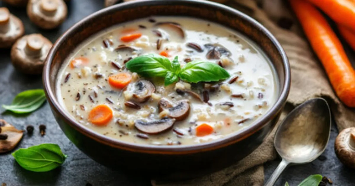 Creamy Mushroom Chicken and Wild Rice Soup served in a bowl with fresh herbs.