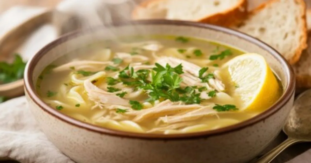 Bowl of Crack Chicken Noodle Soup with tender chicken, noodles, and creamy broth.