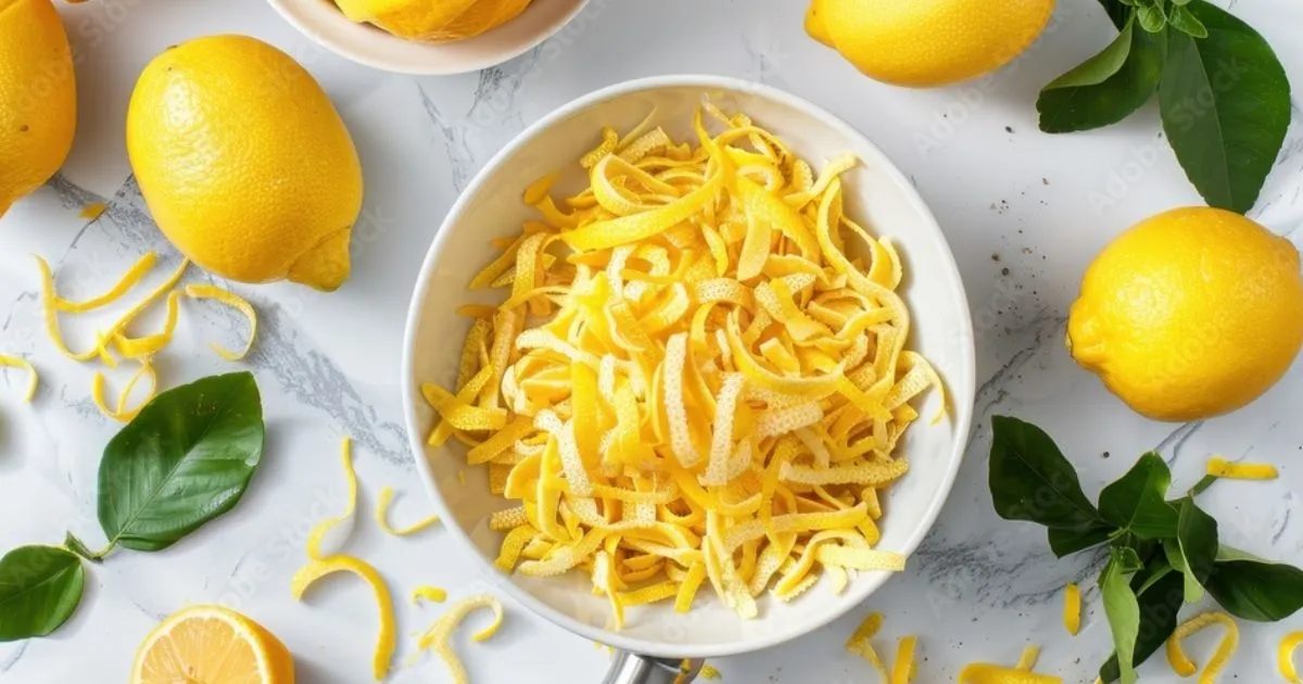 Fresh lemon peels arranged on a cutting board, showing their vibrant yellow color and textured surface