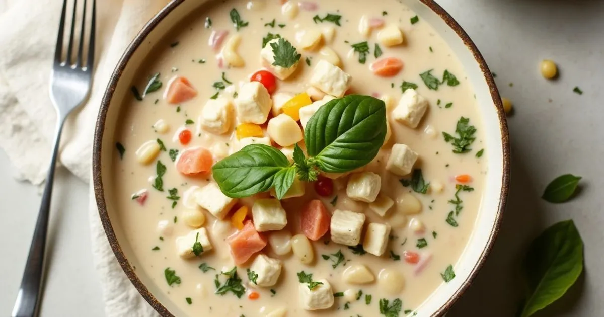 A comforting bowl of Creamy White Crab Chili with tender crab meat, white beans, and a rich, velvety broth, topped with fresh herbs.