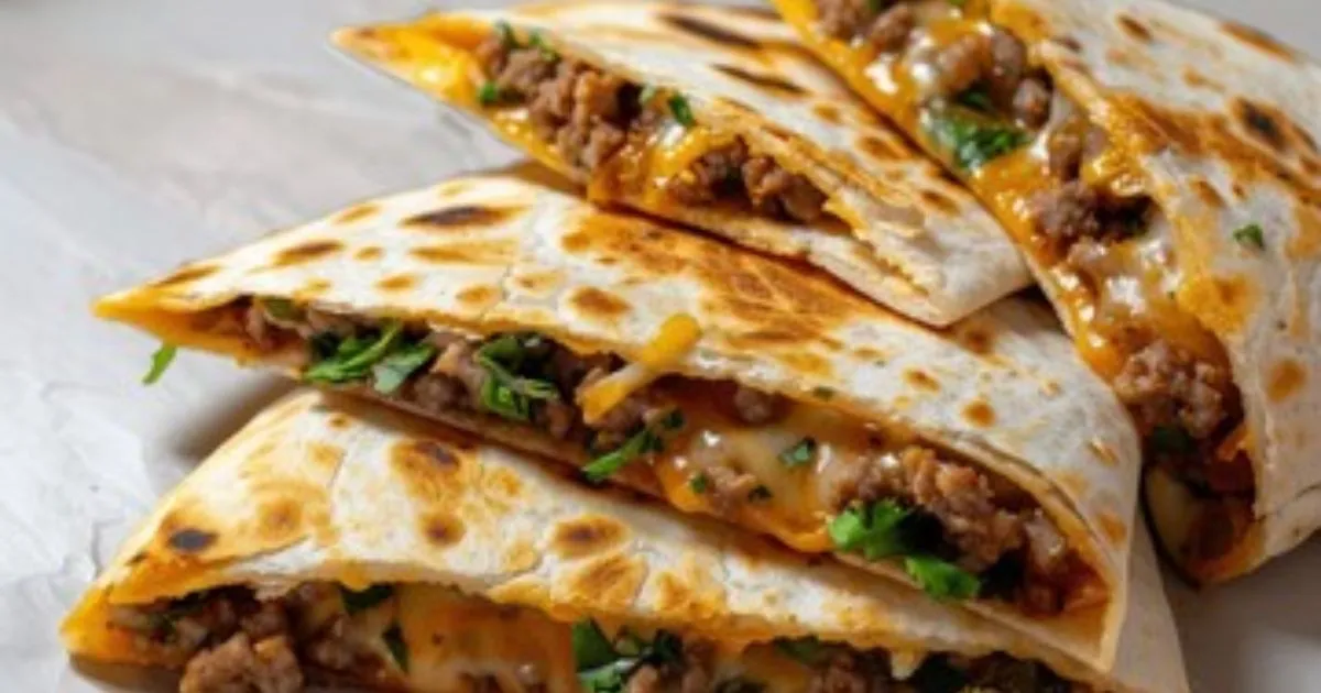 Golden, crispy Ground Beef Quesadilla with melted cheese, served with salsa and sour cream.