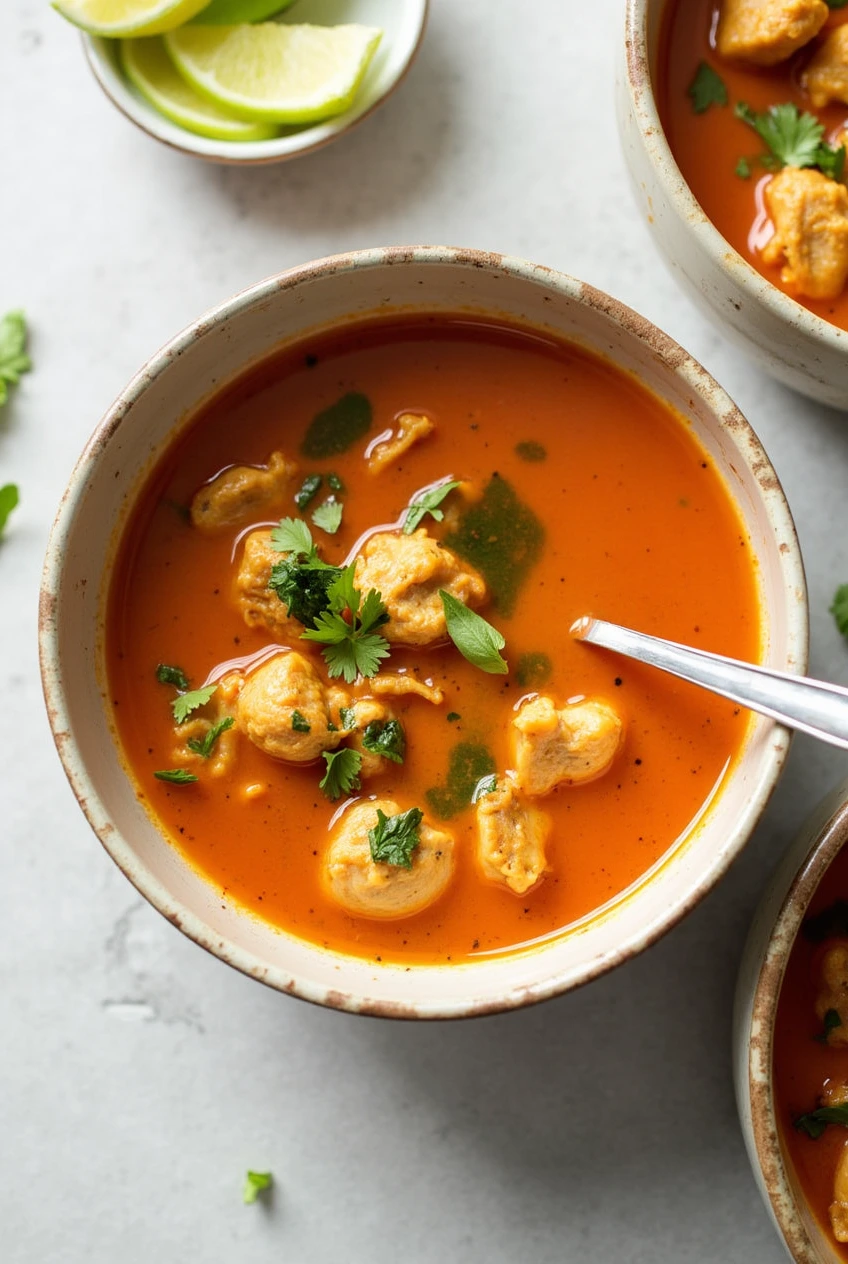 A bowl of Spicy Chicken Soup filled with tender chicken, vegetables, and aromatic spices.