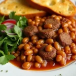 Baked Beans with Hamburger Meat in a bowl, garnished with fresh herbs and served with a side of crusty bread