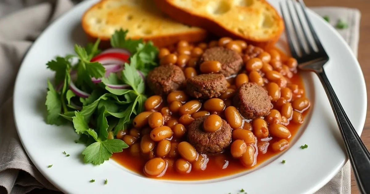 Baked Beans with Hamburger Meat in a bowl, garnished with fresh herbs and served with a side of crusty bread