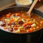 Bowl of hearty Cabbage Soup with Ground Beef , carrots, and fresh herbs.