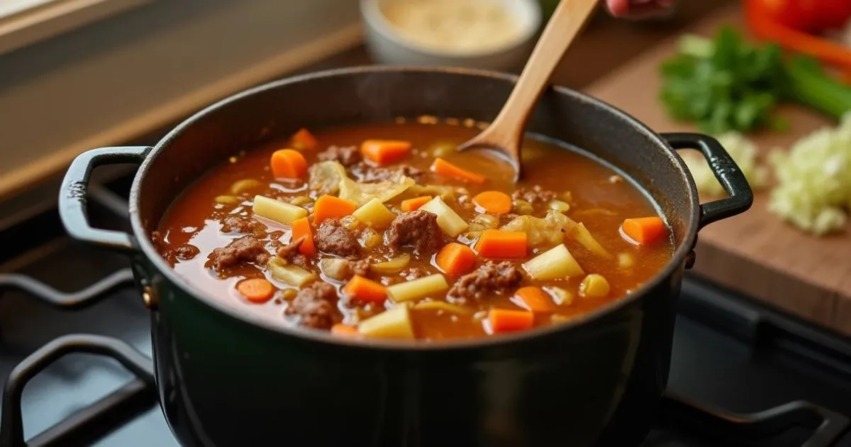 Bowl of hearty Cabbage Soup with Ground Beef , carrots, and fresh herbs.