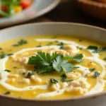 Delicious bowl of Greek Lemon Chicken Soup with a creamy texture, garnished with fresh parsley and a lemon wedge, served in a cozy setting