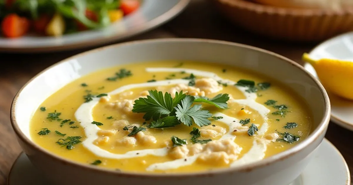 Delicious bowl of Greek Lemon Chicken Soup with a creamy texture, garnished with fresh parsley and a lemon wedge, served in a cozy setting