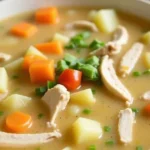 Steaming bowl of Instant Pot Chicken Vegetable Soup with fresh herbs on top, surrounded by ingredients like chicken, carrots, celery, and potatoes