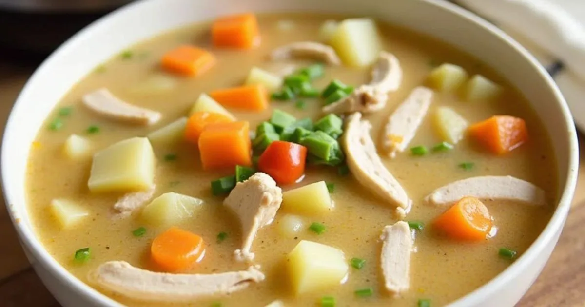 Steaming bowl of Instant Pot Chicken Vegetable Soup with fresh herbs on top, surrounded by ingredients like chicken, carrots, celery, and potatoes