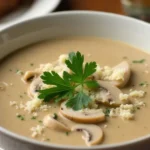 Delicious and creamy Rotisserie Chicken Mushroom Soup served in a bowl with garnished herbs and grated cheese, ready to enjoy.