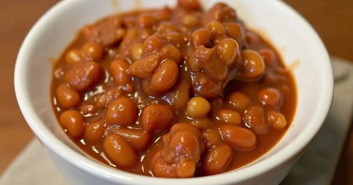 Delicious plate of Baked Beans with Hamburger, topped with savory seasonings for a hearty meal.